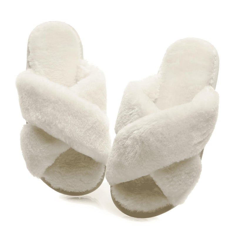 Crazy Lady Women's Fuzzy Fluffy House Slippers Cute Plush Memory Foam Shoes Cross Band Indoor Outdoor Open Toe Sandals(06/White, 5.5-6.5) - Image 1